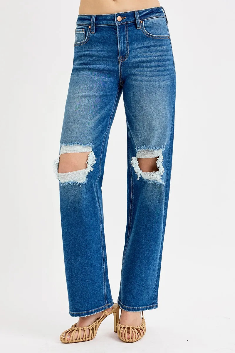 Full Size Distressed High-Rise Boyfriend Denim Pants