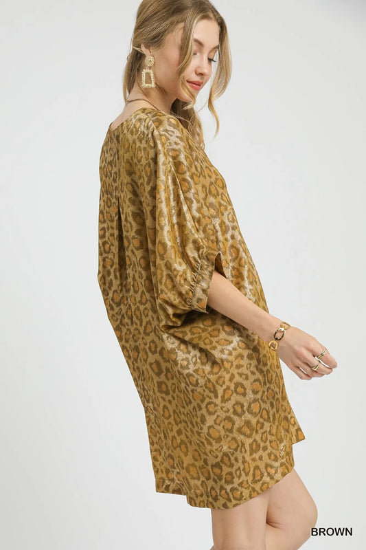 Shimmering Leopard V-Neck Glam Kimono Dress