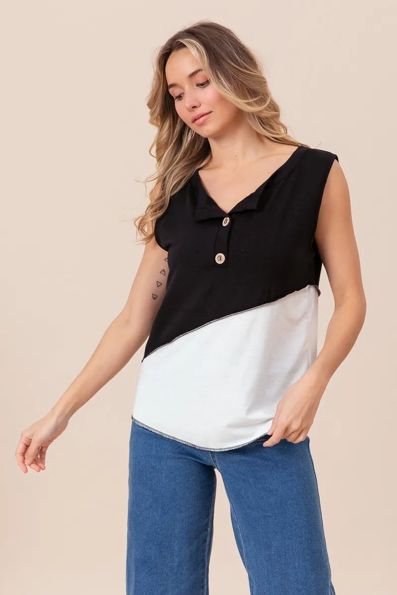 Color Block Contrast Stitching Buttoned Henley Top