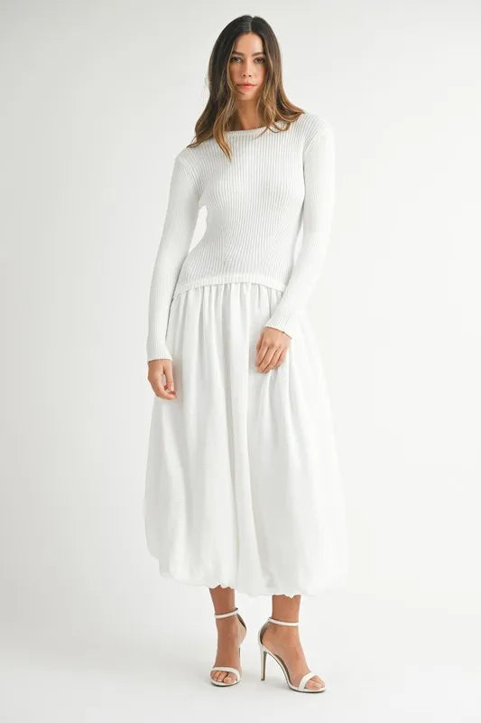 Ribbed Poplin Mix Midi Sweater Dress