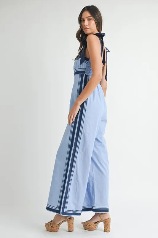 Linen Mix Chevron Sail Shoulder Strap Jumpsuit