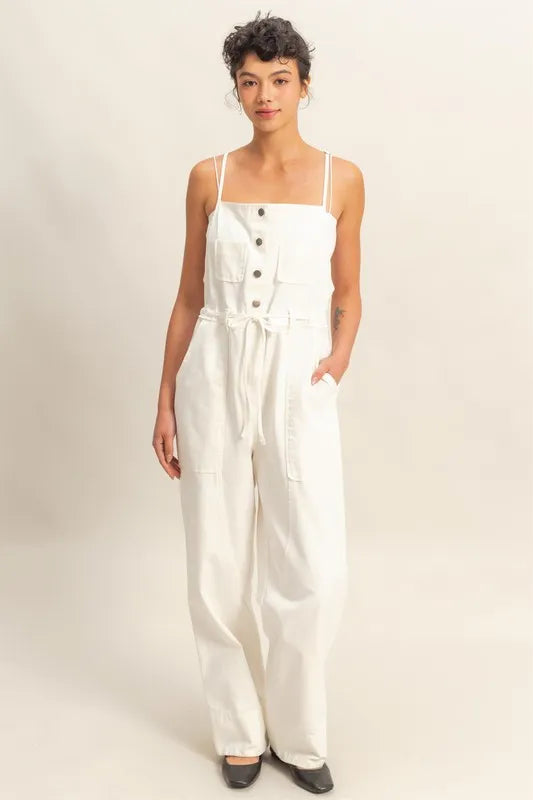 Front Pocket Drawstring Denim Jumpsuit