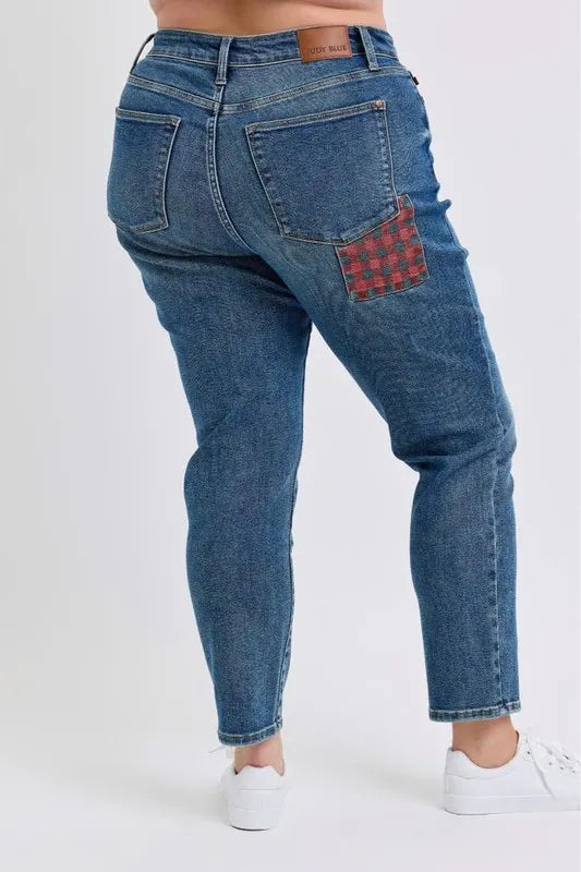 Full Size HW Plaid Patch Slim Fit Jeans Plus Size