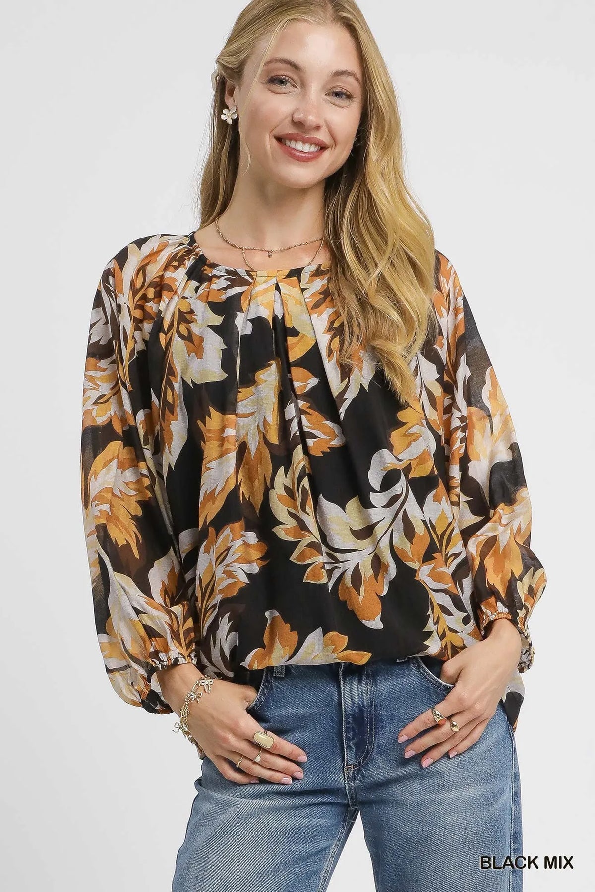 Nature-Inspired Balloon Sleeve Chiffon Blouse