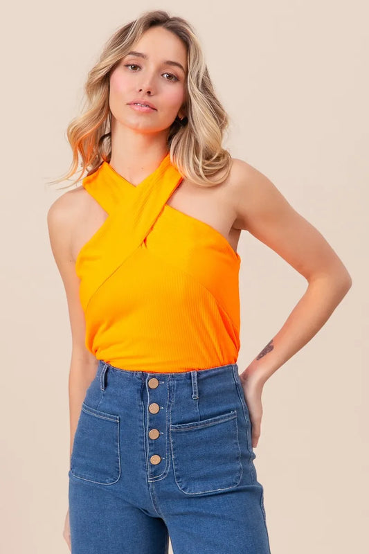 Rib Knit Cross Neck Banded Top