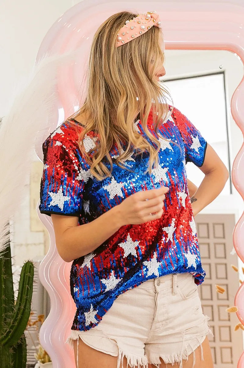 American Theme Star Pattern Sequin Top