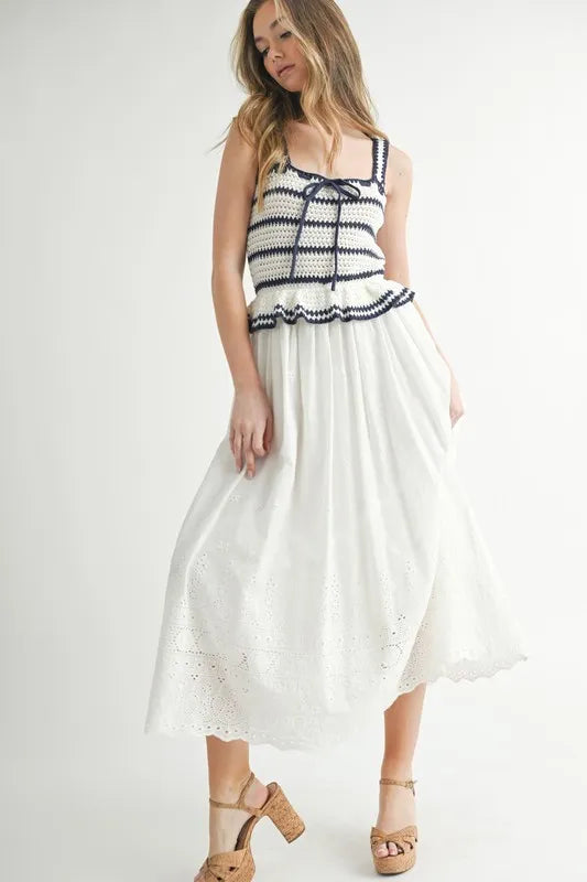 Crochet Stripe Knit Eyelet Mix Midi Dress
