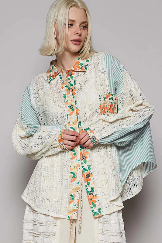Floral-Striped Oversized Blouse with Lace Sleeves