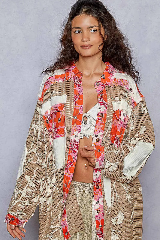 Sequin-Accented Floral Button-Up Blouse