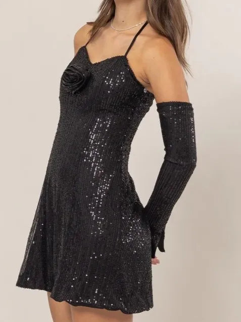 Sequin Rosette Halter Mini Dress