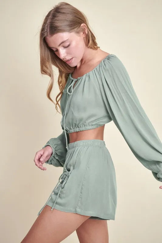 Gauze Long Sleeve Button Crop Top and Short Set