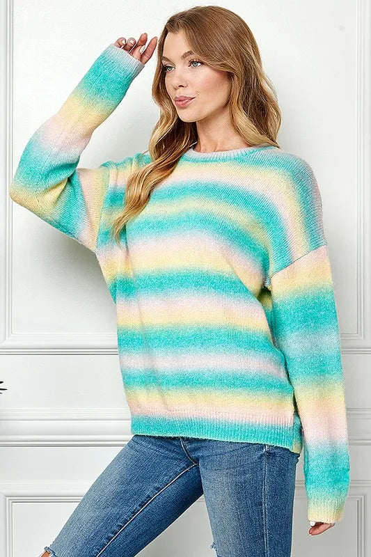 Ombre Drop Shoulder Knit Pullover Sweater