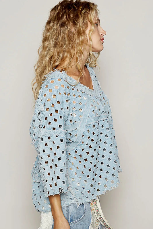 Distressed Denim V-Neck with Perforated Design