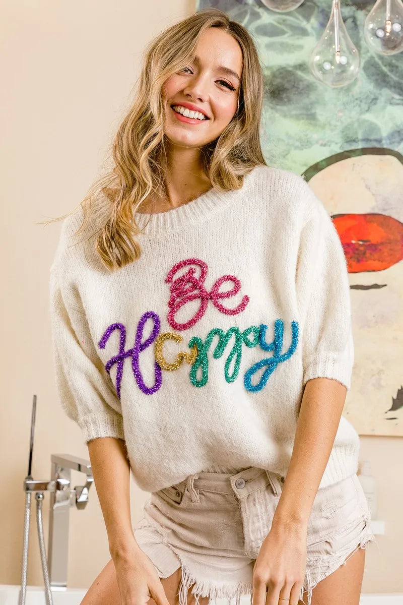 Metallic Letter Short Puff Sleeve Hairy Sweater