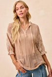 Floral Jacquard Puff Sleeve Hooded Knit Top
