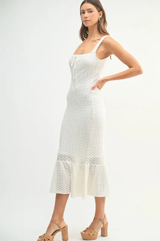 Ruffled Hem Sleeveless Crochet Knit Midi Dress