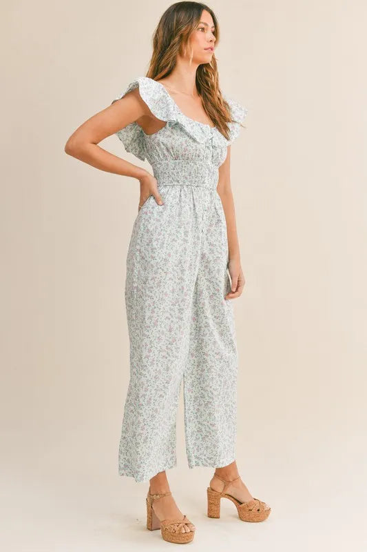 Floral Print Ruffled Cap Sleeve Jumpsuit