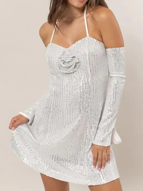 Sequin Rosette Halter Mini Dress