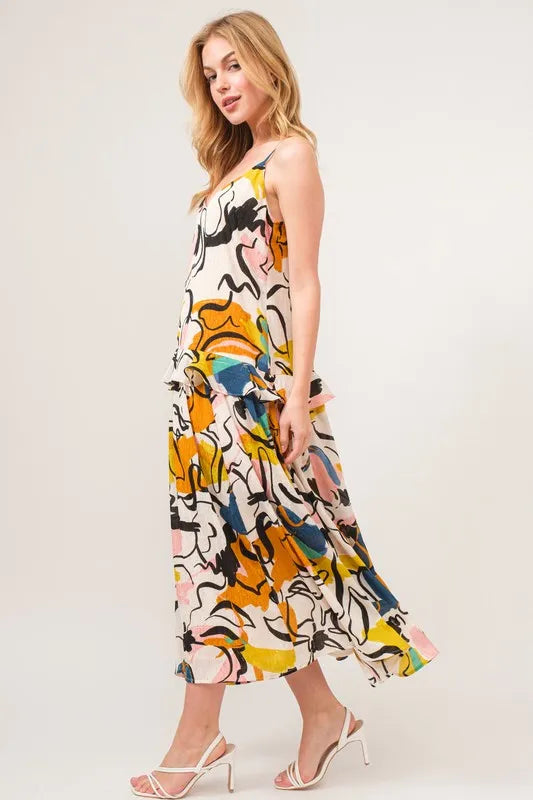 Ruffled Abstract Floral Printed Midi Cami Dress