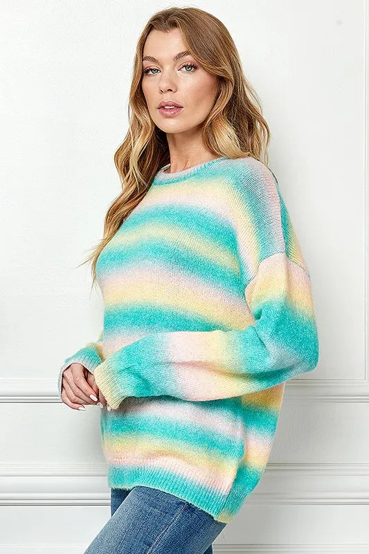 Ombre Drop Shoulder Knit Pullover Sweater