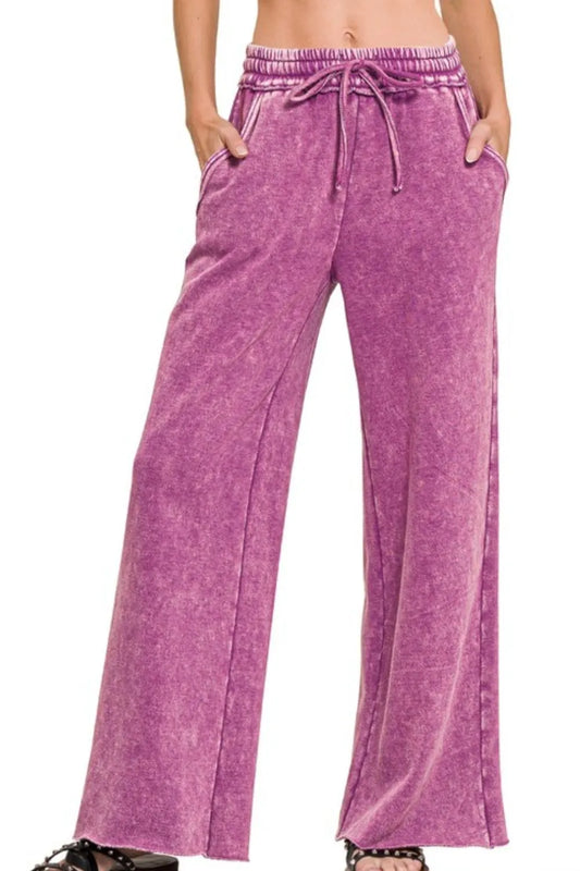 Acid Wash Fleece Palazzo Sweatpants with Pockets