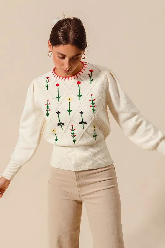 Small Flower Embroidered Sweater Top