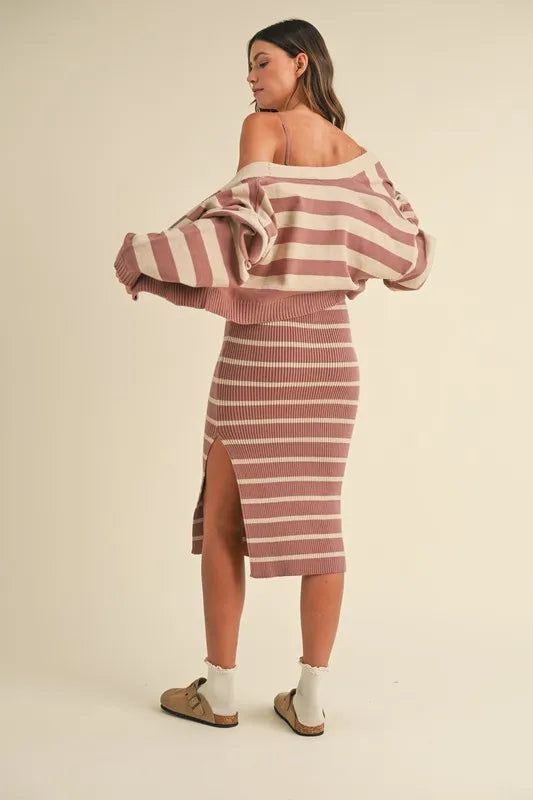 Stripe Crop Cardigan and Bodycon Dress Sweater Set