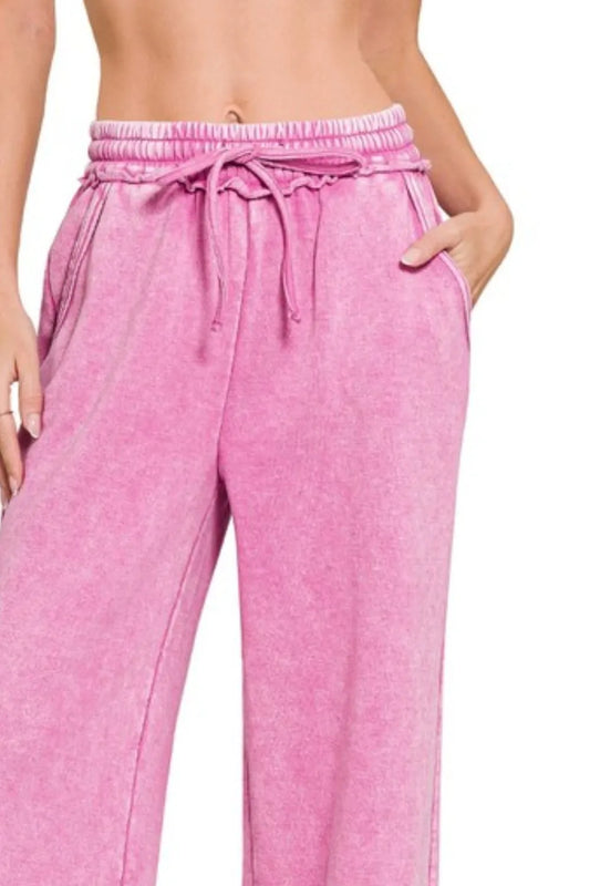 Acid Wash Fleece Palazzo Sweatpants with Pockets