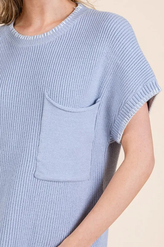 Solid Cap Sleeve Stitch Edge Knit Sweater