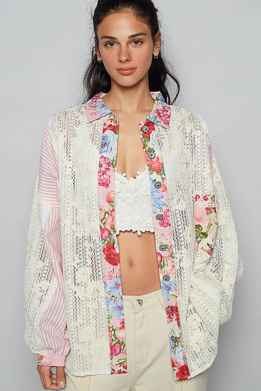 Elegant Lace Top with Floral and Stripe Design