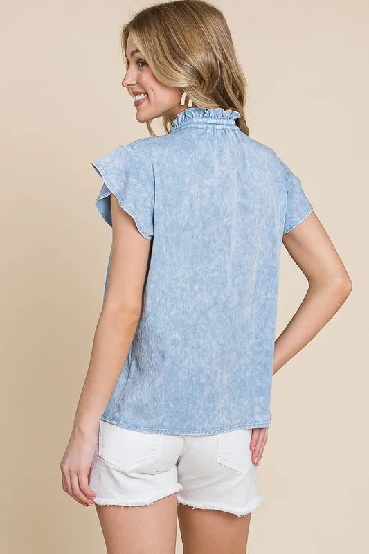 Mineral Wash Flutter Sleeve Button Down Shirt