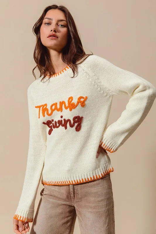 Thanksgiving Tinsel Lettering Sweater Top