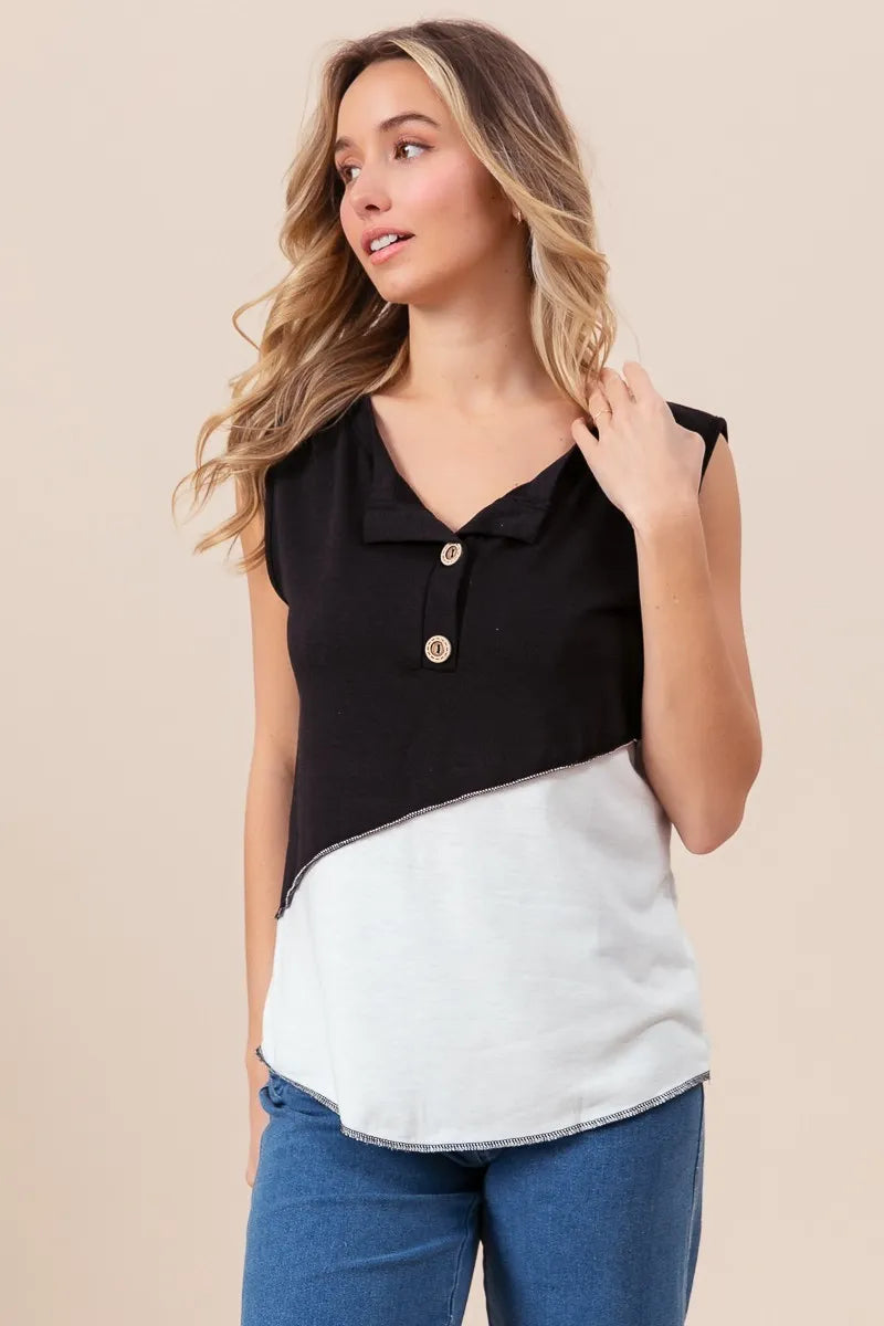 Color Block Contrast Stitching Buttoned Henley Top