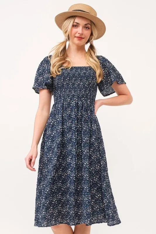 Smocked Floral Print Flutter Sleeve Midi Dress