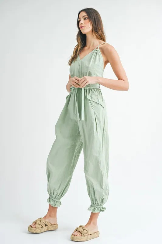 Washed Fabric Spaghetti Strap Waist Belted Jumpsuit