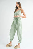 Washed Fabric Spaghetti Strap Waist Belted Jumpsuit