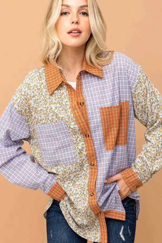 Floral and Plaid Color Block Shirts with Pocket