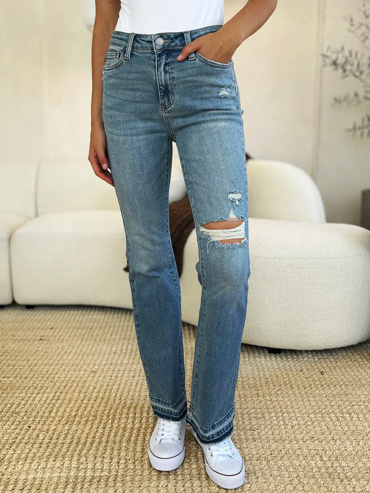 Full Size Edgy Mid Rise Distressed Hem Jeans