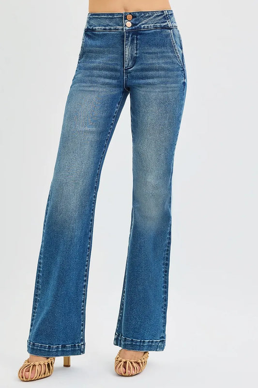 Full Size High Waist Bootcut Double Button Tummy Control Jeans
