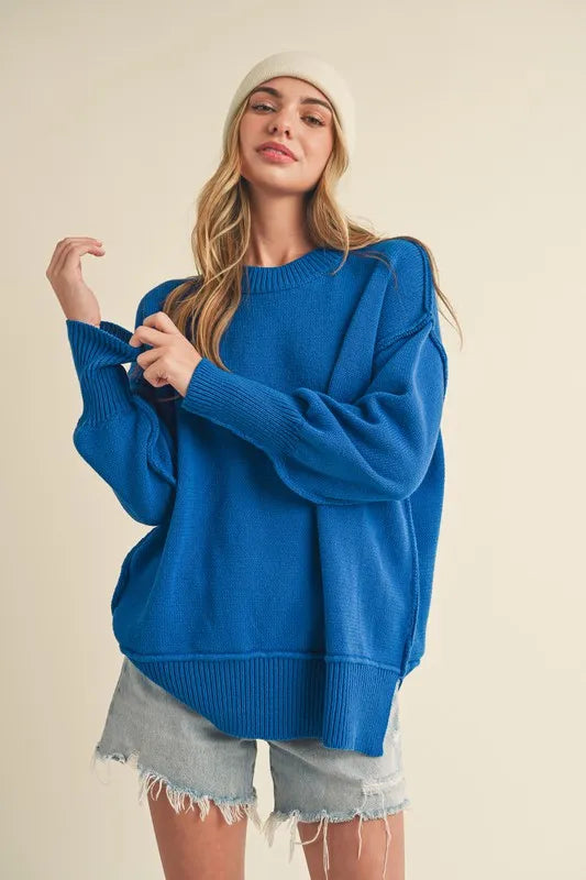 Ribbed Hem Side Slit Round Neck Sweater