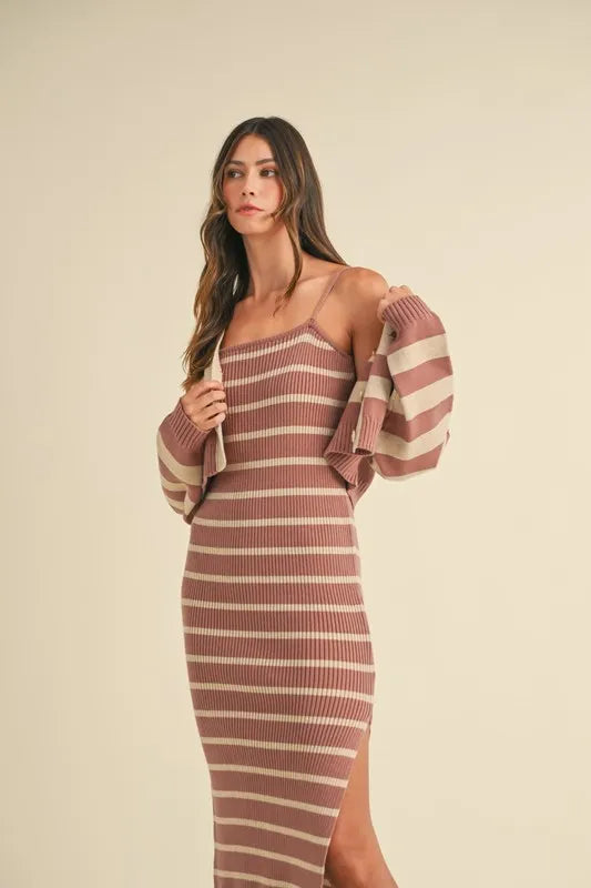 Stripe Crop Cardigan and Bodycon Dress Sweater Set