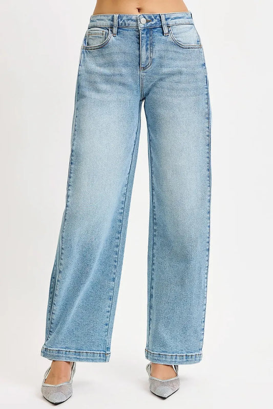 Mid Rise Barrel Snap Hem Adjustable Leg Jeans
