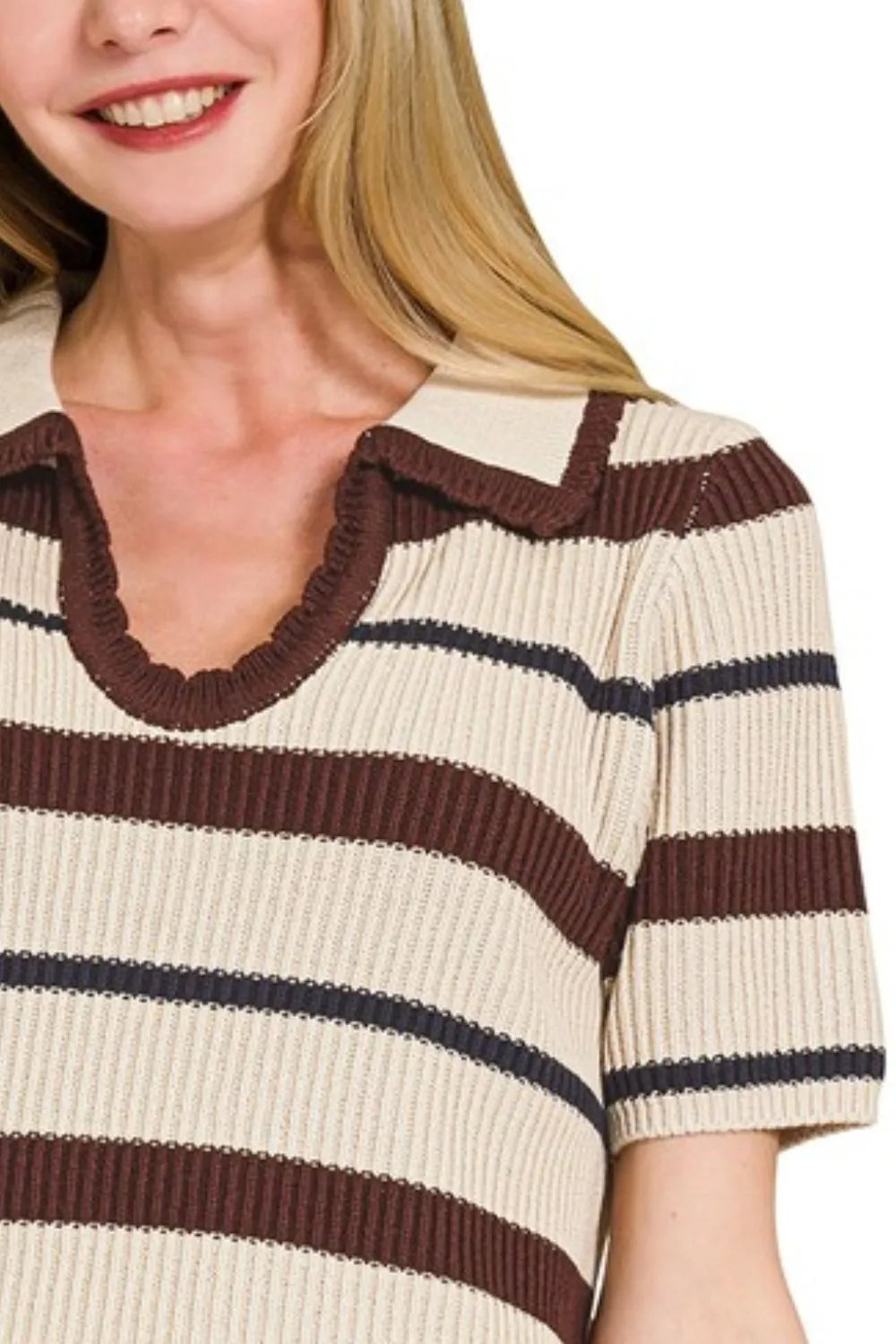 Striped Collared Short Sleeve Cropped Sweater