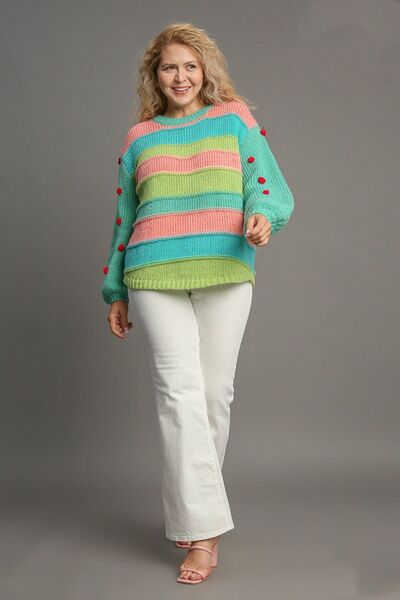 Full Size Color Block Cable Knit Sweater with Pom Pom Plus Size