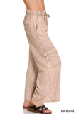 Washed Linen Elastic Band Waist Cargo Pants