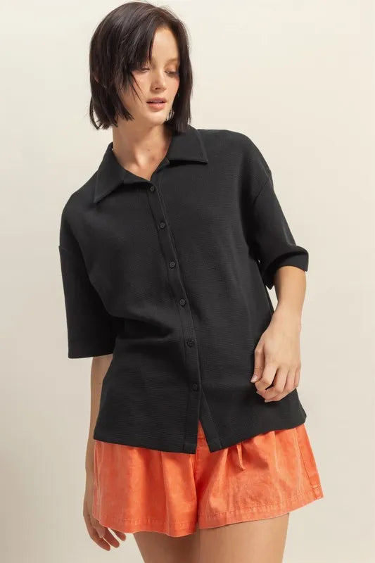  Collared Neck Button Down Waffle Shirt