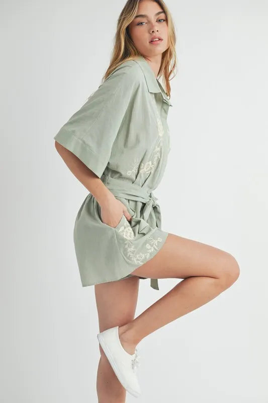 Embroidered Button Down Collared Neck Romper