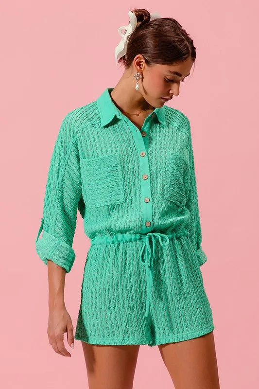 Textured Knit Button Front Romper