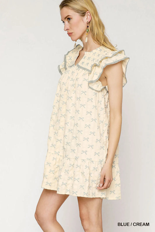 Ruffled Cap Sleeve Bow Pattern Mini Dress