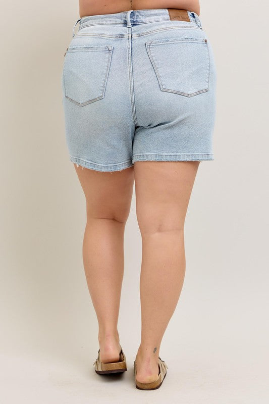 Full Size Frayed Hem High Rise Denim Shorts with Pockets Plus Size